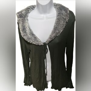 Olive Cardigan with Faux Fur Trim 1XL
